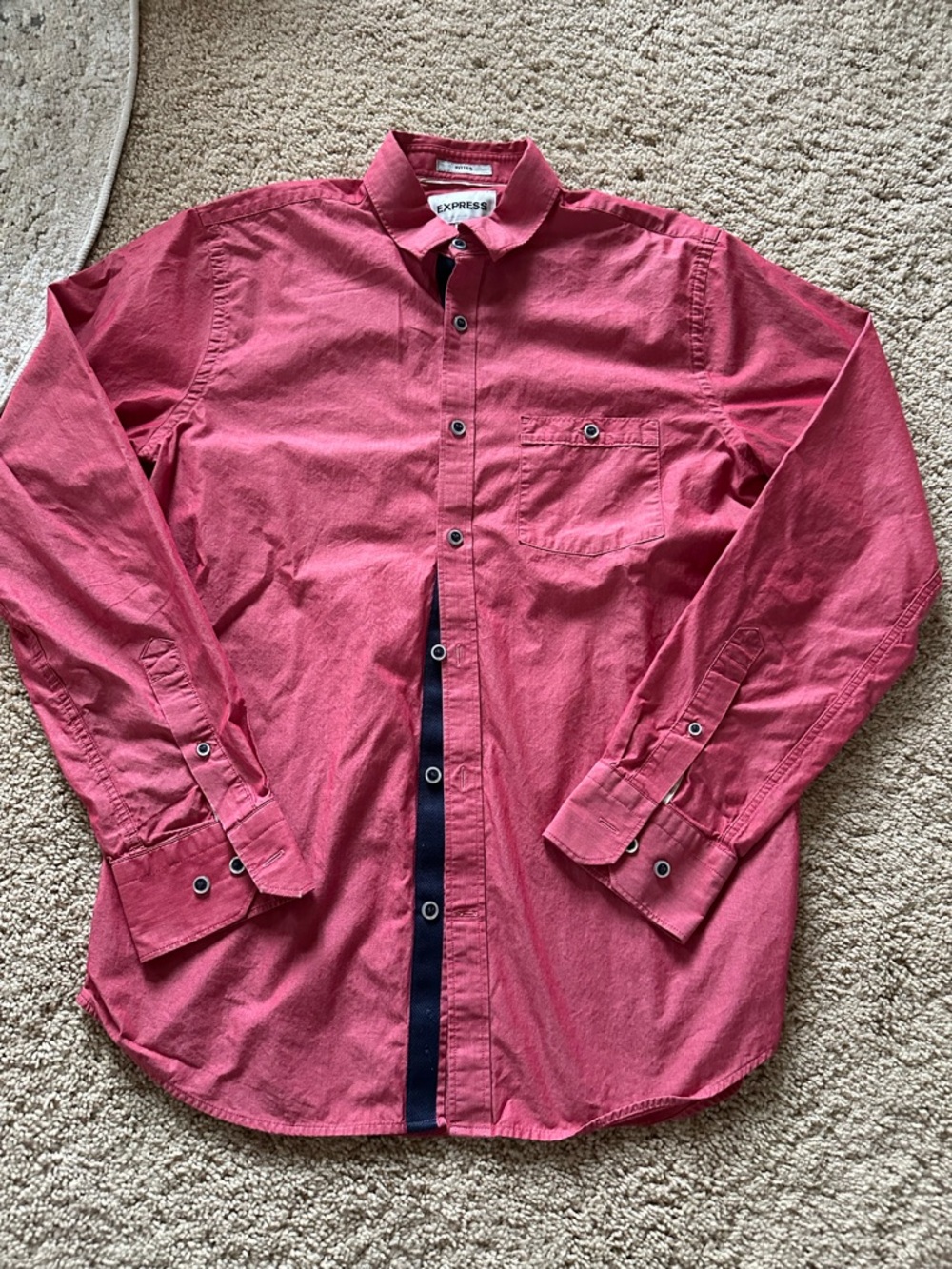 Express Men’s Long-Sleeve Slim Fit Button-Up Shirt - Dark Red with Navy Trim